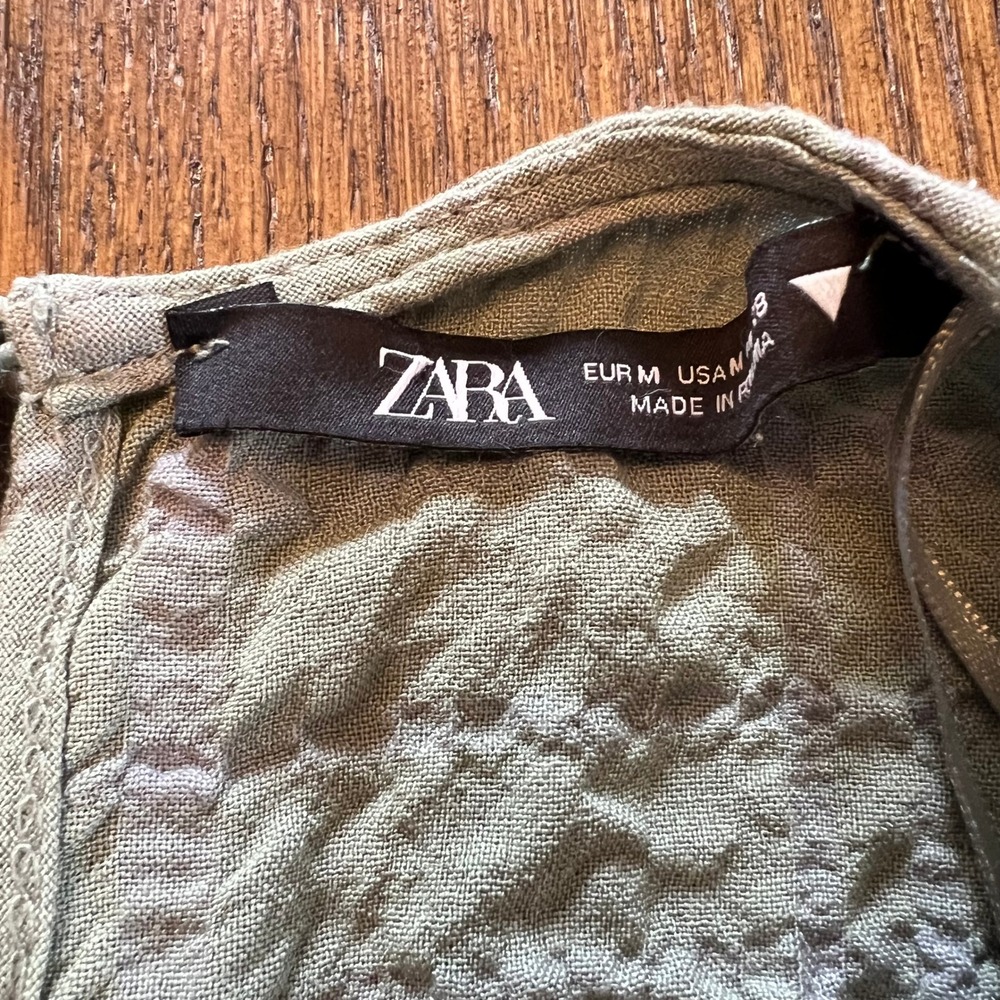 Zara Mini Dress Sage Green Viscose Crinkled Ruffle Boho Romantic CottageCore M - Picture 3 of 9